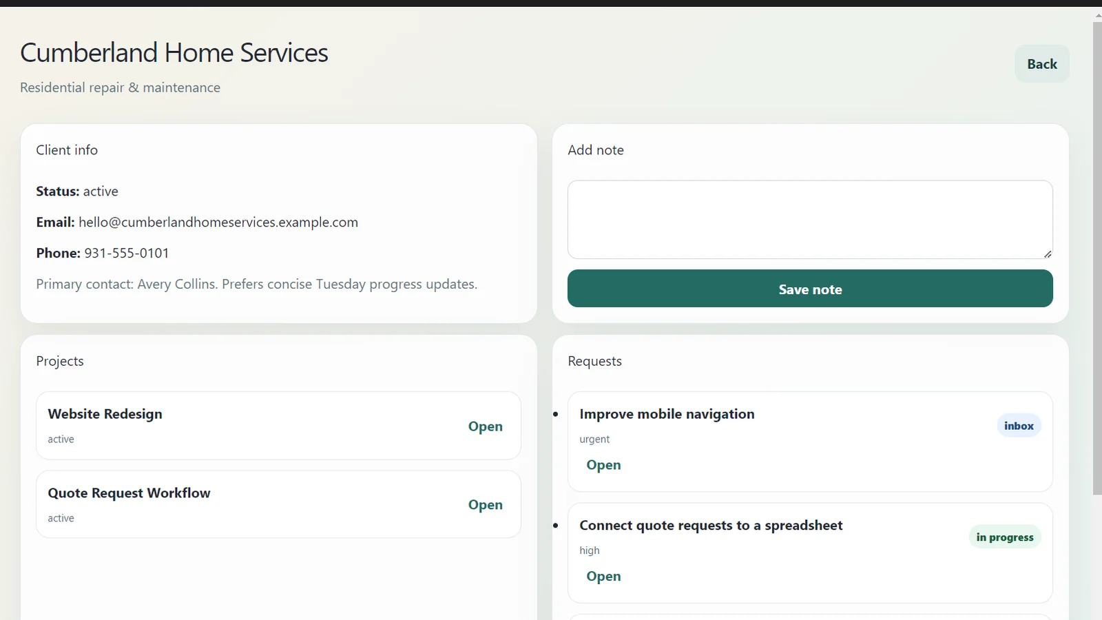 DevCRM client workspace for fictional Cumberland Home Services with projects, requests, and contact details