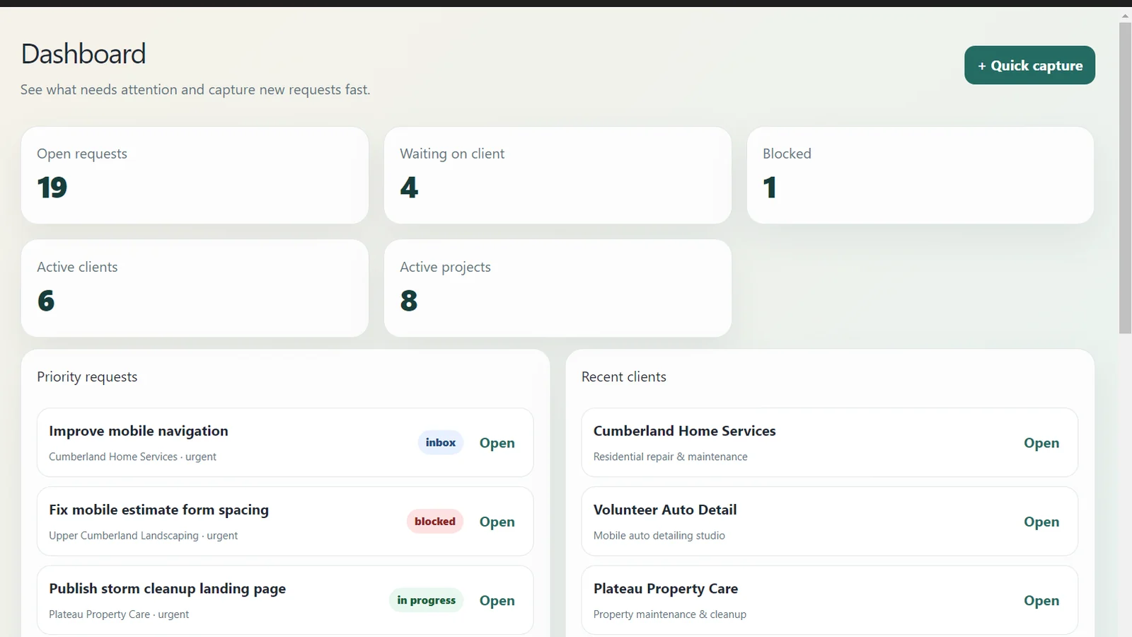 DevCRM dashboard showing open requests, active clients, active projects, blocked work, and recent clients