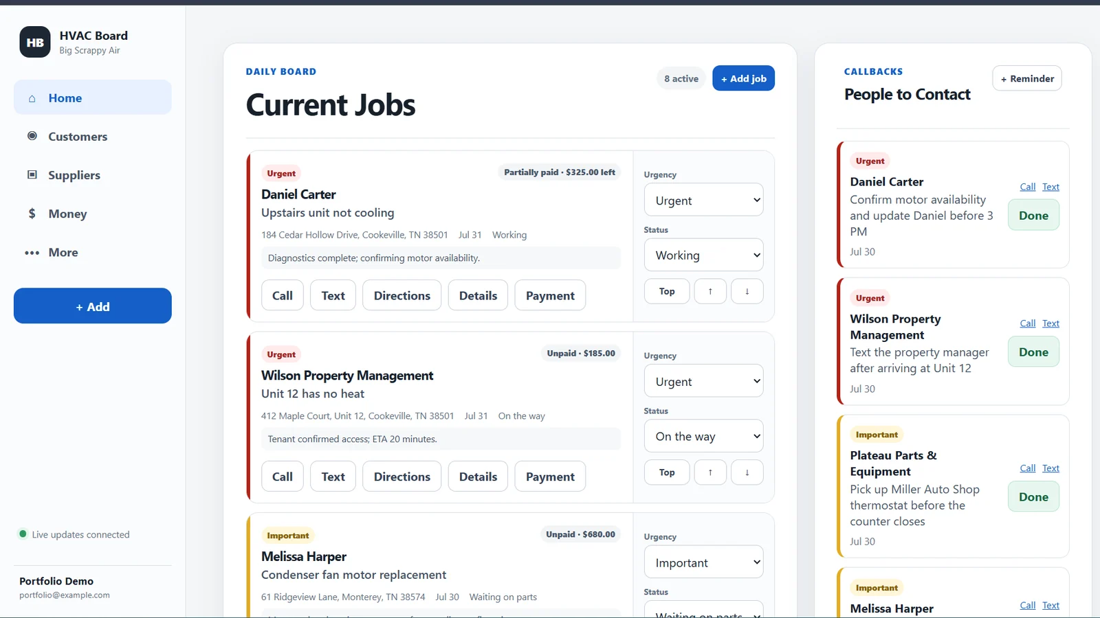 HVAC Board daily workspace showing current jobs, urgency, payment balances, and people to contact