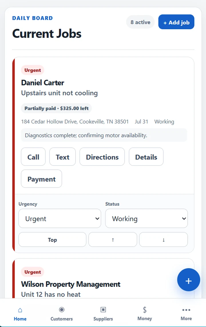 Mobile HVAC Board view with job details and call, text, directions, details, and payment actions
